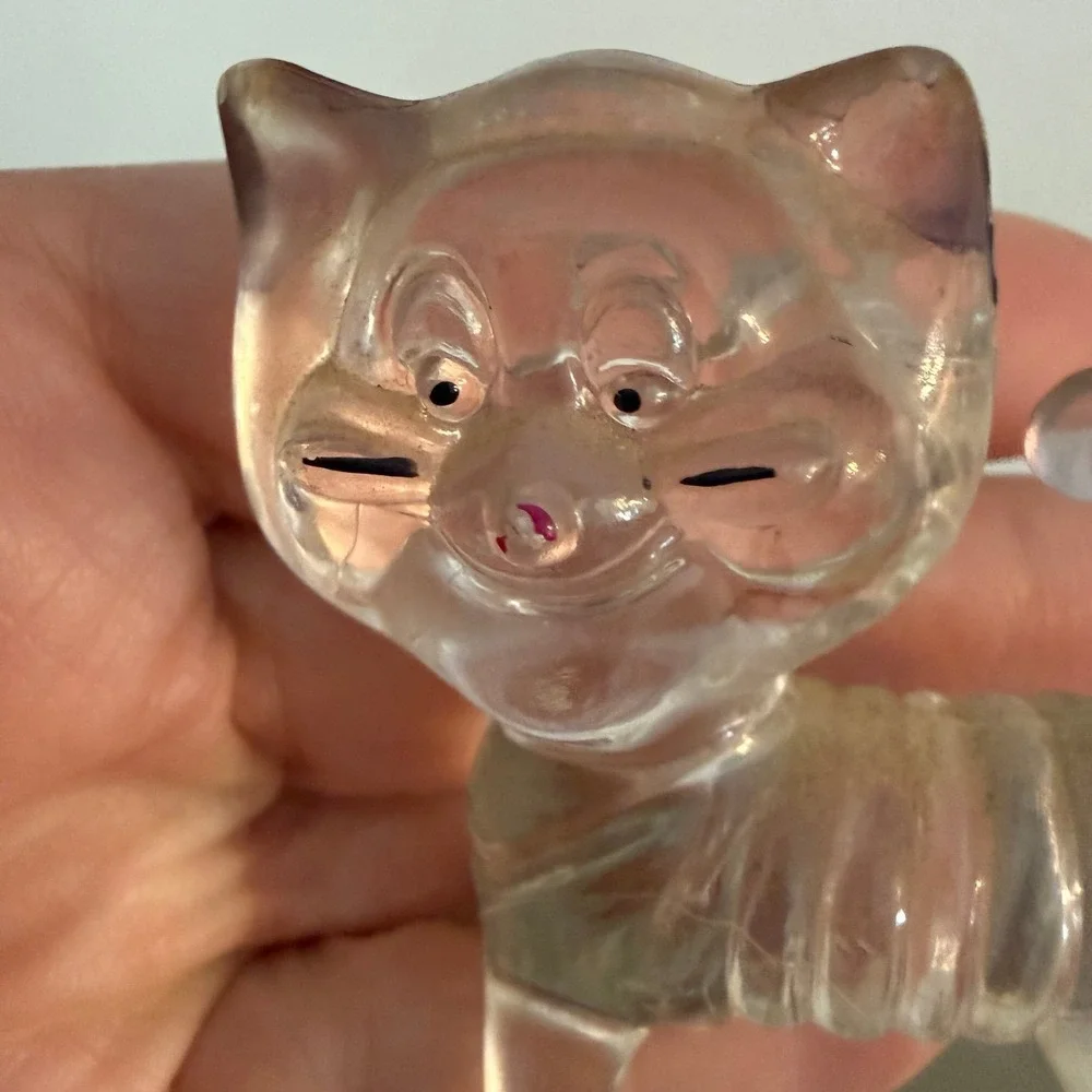 Vintage Lucite Clear Plastic Animal Figurines Cat - Kitchsy Cat Art 1970s